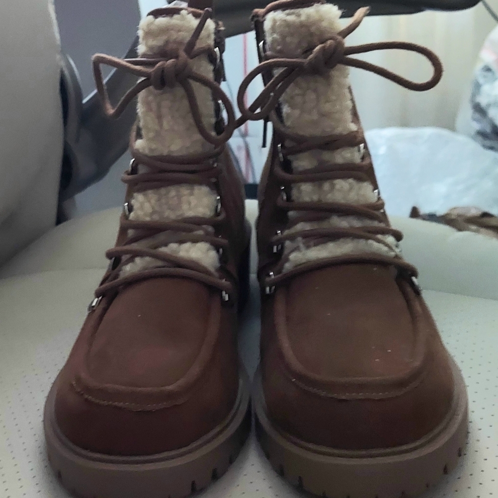 Sun + Stone Brown Lace Up Boots with Cream Accents - Picture 2 of 4